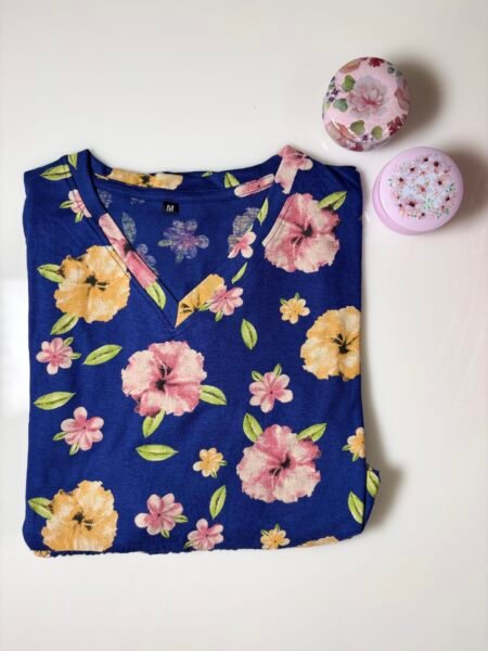 Blue Floral Printed Knitted V-Neck Cotton Lounge Frock