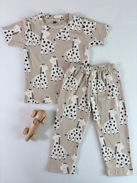 Beige Giraffe Printed Interlock T-Shirt and Pant Co-ords