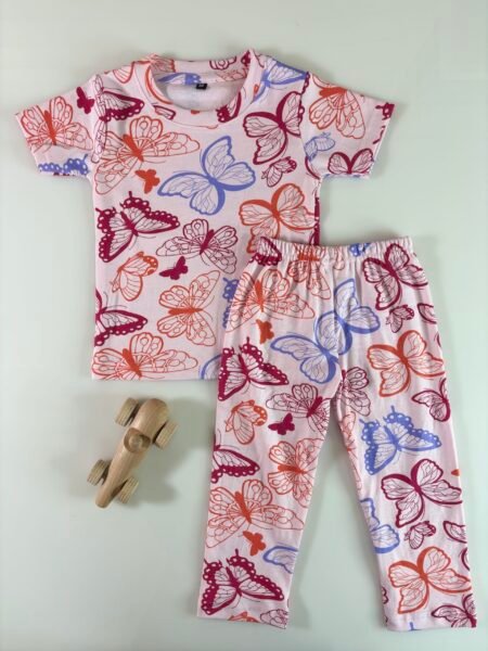 Baby Pink Butterfly Printed Interlock T-Shirt and Pant Co-ords