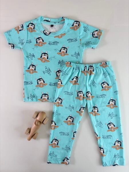 Aqua Cartoon Pilots Printed Interlock T-Shirt and Pant Co-ords
