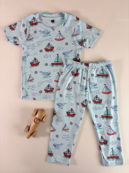 Light Blue Coastal Printed Interlock T-Shirt and Pant Co-ords