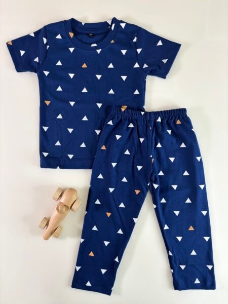 Dark Blue Geometric Printed Interlock T-Shirt and Pant Co-ords