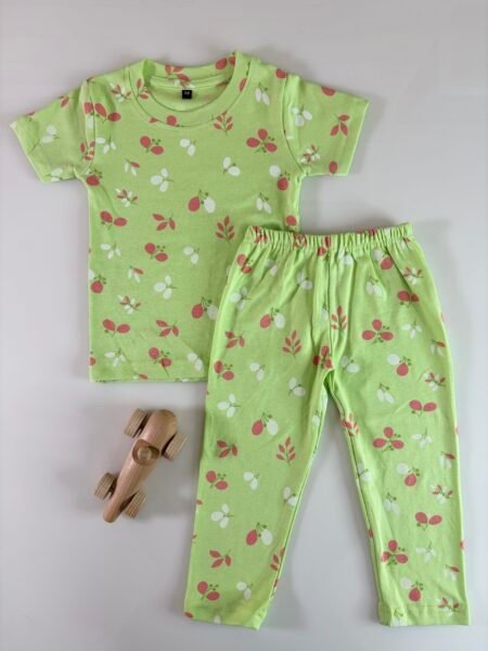 Lime Green Floral Printed Interlock T-Shirt and Pant Co-ords