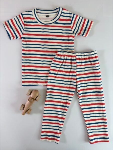 White Horizontal Stripes Printed Interlock T-Shirt and Pant Co-ords