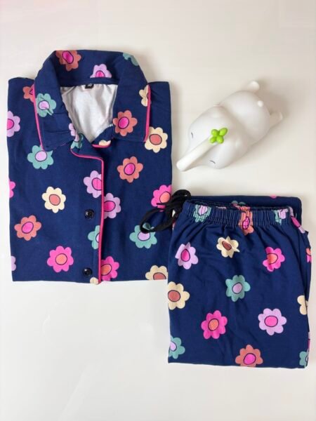 Navy Blue and Floral Printed Shirt and Pant Coords