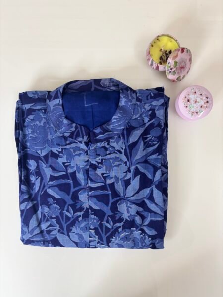 Dark Blue and Floral Printed Collar Neck Cotton Frock