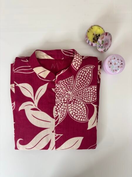Maroon and Floral Printed Collar Neck Cotton Frock