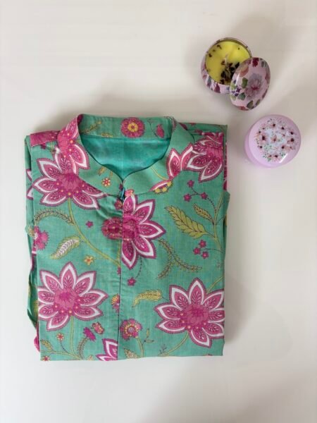 Green and Floral Printed Collar Neck Cotton Frock