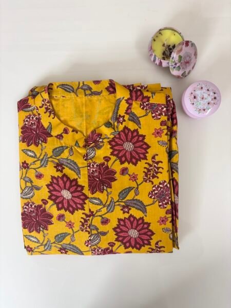 Yellow and Floral Printed Collar Neck Cotton Frock
