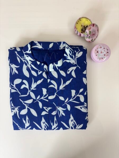Navy Blue and Floral Printed Collar Neck Cotton Frock