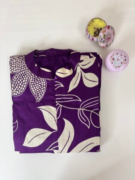 Violet and Floral Printed Collar Neck Cotton Frock