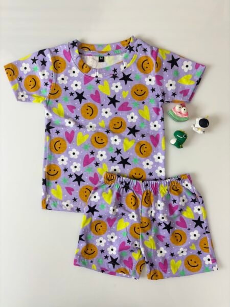 Purple Emoji's and Hearts Printed T-Shirts and Shorts Coords