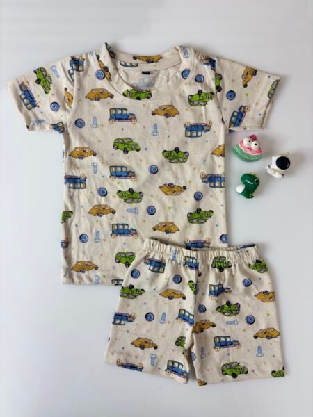 Baby Pink Cartoon Vehicles Printed T-Shirts and Shorts Coords