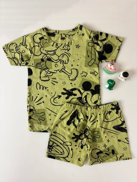 Olive Green Micky's Printed T-Shirts and Shorts Coords