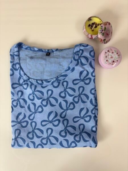 Light Blue Floral Printed Round Neck Lounge Frock
