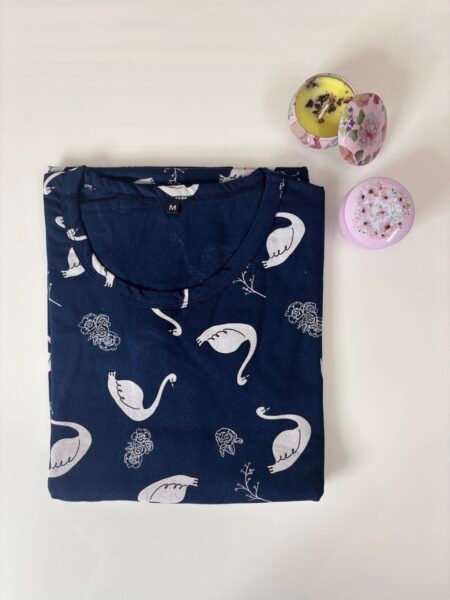 Navy Blue Swan's Printed Round Neck Lounge Frock
