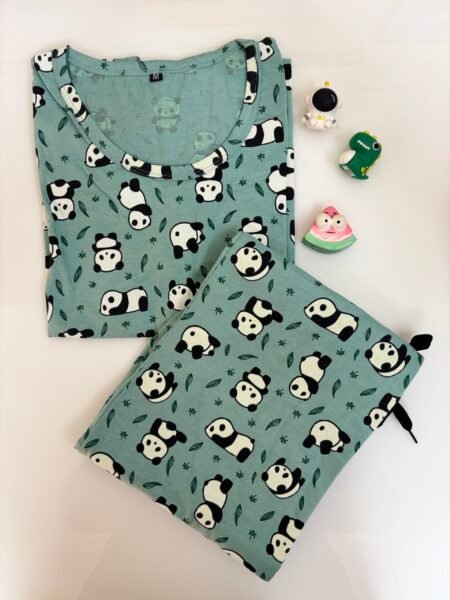 Teal Green Panda's Printed T-shirt with Combo Pant Set