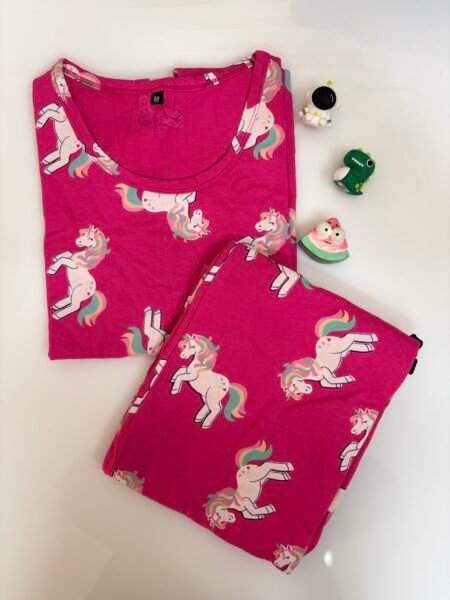 Dark Pink Unicorn's Printed T-shirt with Combo Pant Set