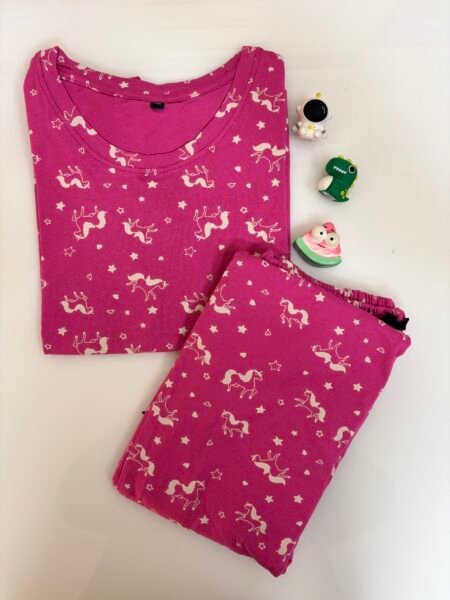Pink Unicorn Shapes Printed T-shirt with Combo Pant Set