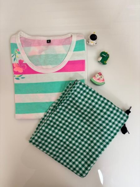 White Striped Floral Printed T-shirt with Dark Green Contrast Pant Set