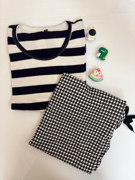 Black Striped Printed T-shirt with Houndstooth Printed Contrast Pant Set