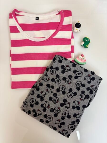 Pink Stripes Printed T-shirt with Grey Contrast Pant Set