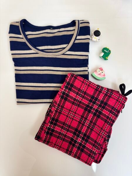 Blue Striped Printed T-shirt with Red Plaid Contrast Pant Set