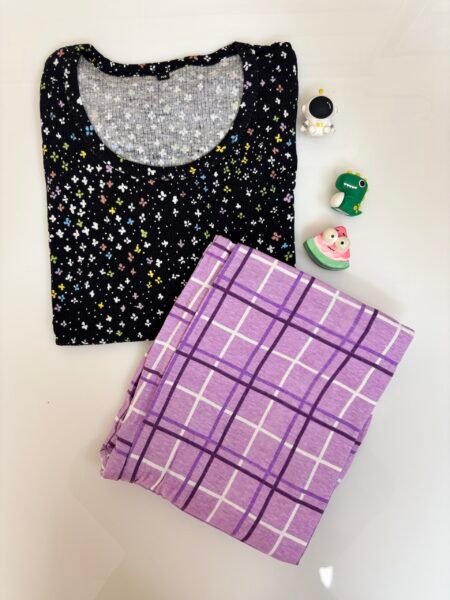 Black Unique Motifs Printed T-shirt with Purple Contrast Pant Set
