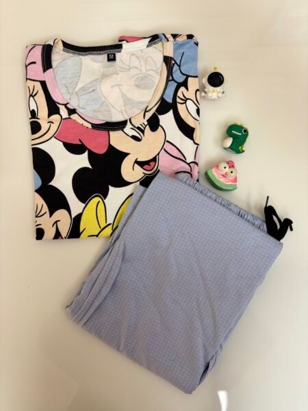 White Micky's Printed T-shirt with Light Blue Contrast Pant Set
