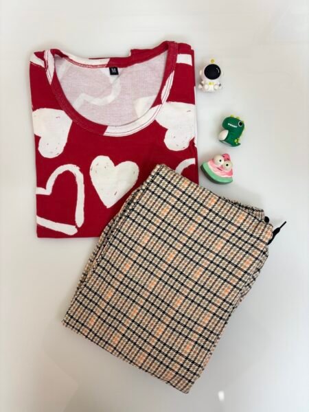 Red Hearts Printed T-shirt with Beige Contrast Pant Set