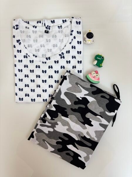 White Bow Printed T-shirt with Gray and White Shades Contrast Pant Set