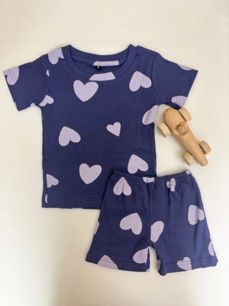 Blue Ribbed Heart Printed Kids T-shirt and shorts Coords