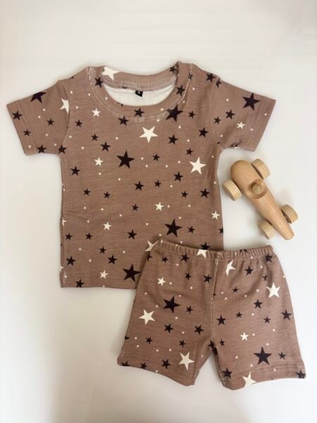 Brown Ribbed White & Black Stars Printed Kids T-shirt and Shorts Coords