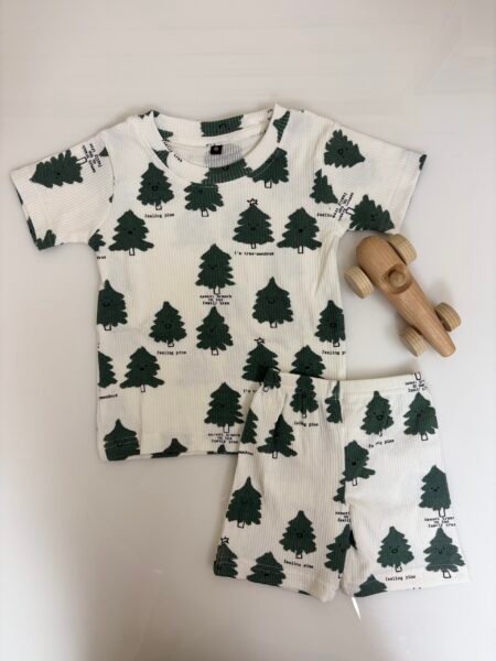 White Ribbed Christmas Tree Printed Kids T-shirt and Shorts Coords