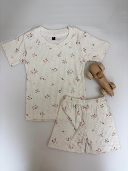 Half White Ribbed Pink Flowers Printed Kids T-shirt and Shorts Coords
