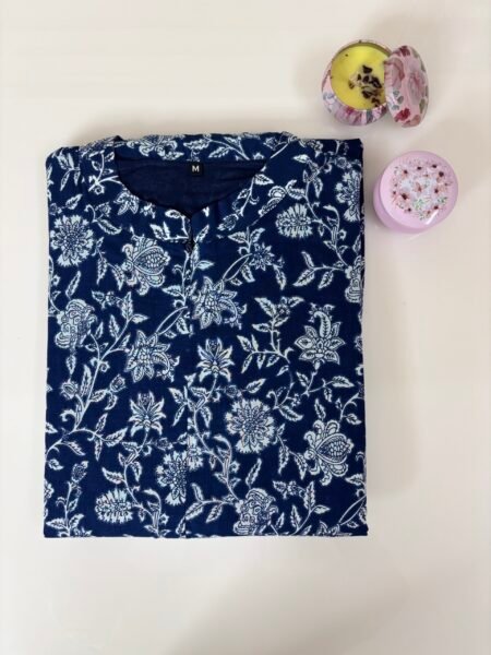 Navy Blue Floral Printed Outdoor Cotton Frock
