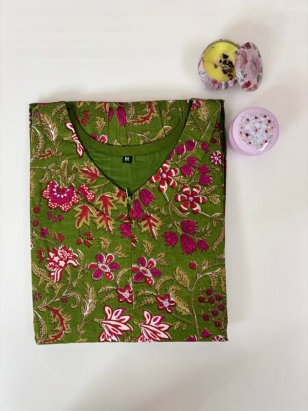 Green Red Floral Printed Outdoor Cotton Frock