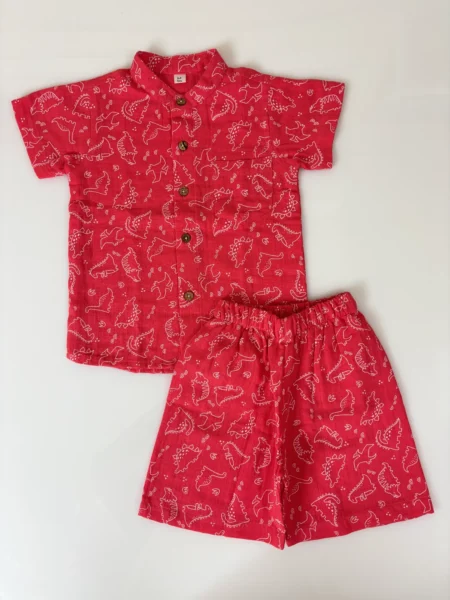 Shade of Red Animals Shape's Printed Shirt and Shorts Outdoor Wear Set