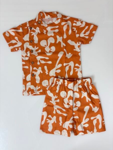 Orange Citrus Splash Printed Shirt and Shorts Outdoor Wear Set