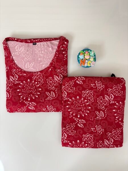 Spun Cotton Fabric Plus Size Red White Leaves  Printed T-shirt and Palazzo Set