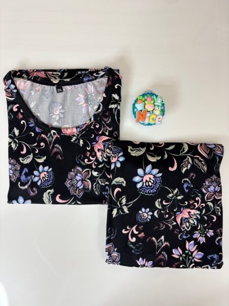 Spun Cotton Fabric Plus Size Black Floral Printed T-shirt and Palazzo Set