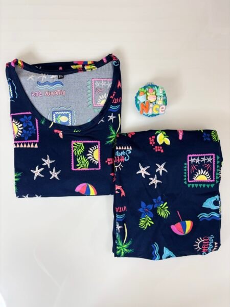 Spun Cotton Fabric Plus Size Navy Blue Beach Design Printed T-shirt and Palazzo Set
