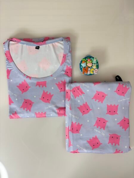 Spun Cotton Fabric Plus Size Grey Pink Toy Printed T-shirt and Palazzo Set