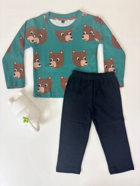 Dark Blue Panda's Printed Interlock Full-Sleeve T-Shirt and Blue Pant Co-ords