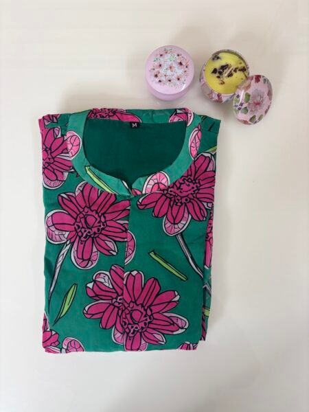Green with Pink Floral Printed Georgette Center Zip Maxi