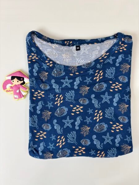 Cotton Fabric Dark Blue with Ocean-Themed Printed Maternity Maxi