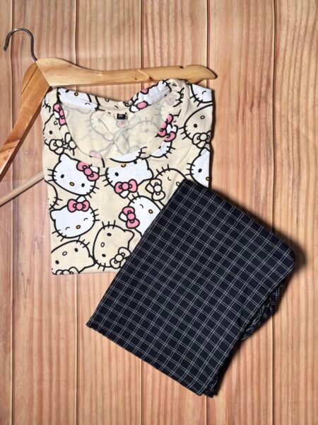 Beige Kitty's Printed T-shirt with Black Contrast Pant Set