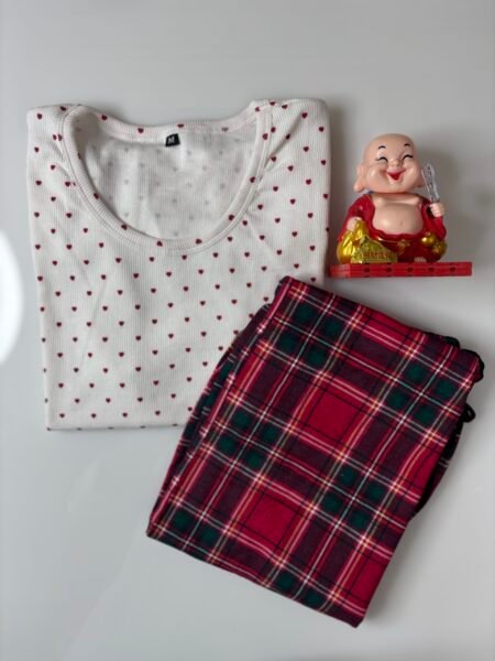 White and Red Hearts Printed T-shirt with Red Contrast Pant Set