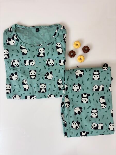 Teal Green Panda Printed Feeding Top and Pant Set