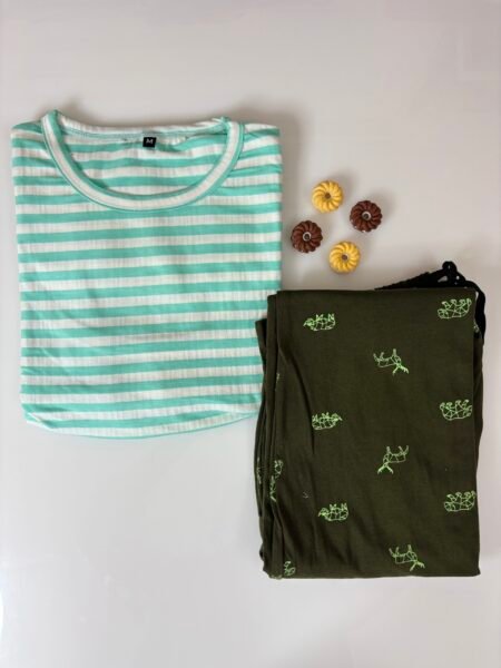 Light Greeb Stripes Printed Feeding Top and Animals Printed Pant Set
